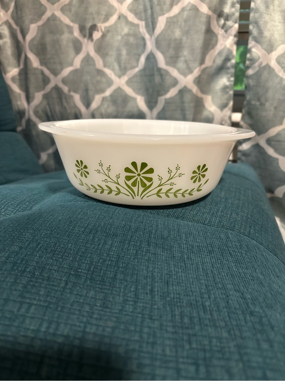 White Casserole Dish with Green Floral Pattern